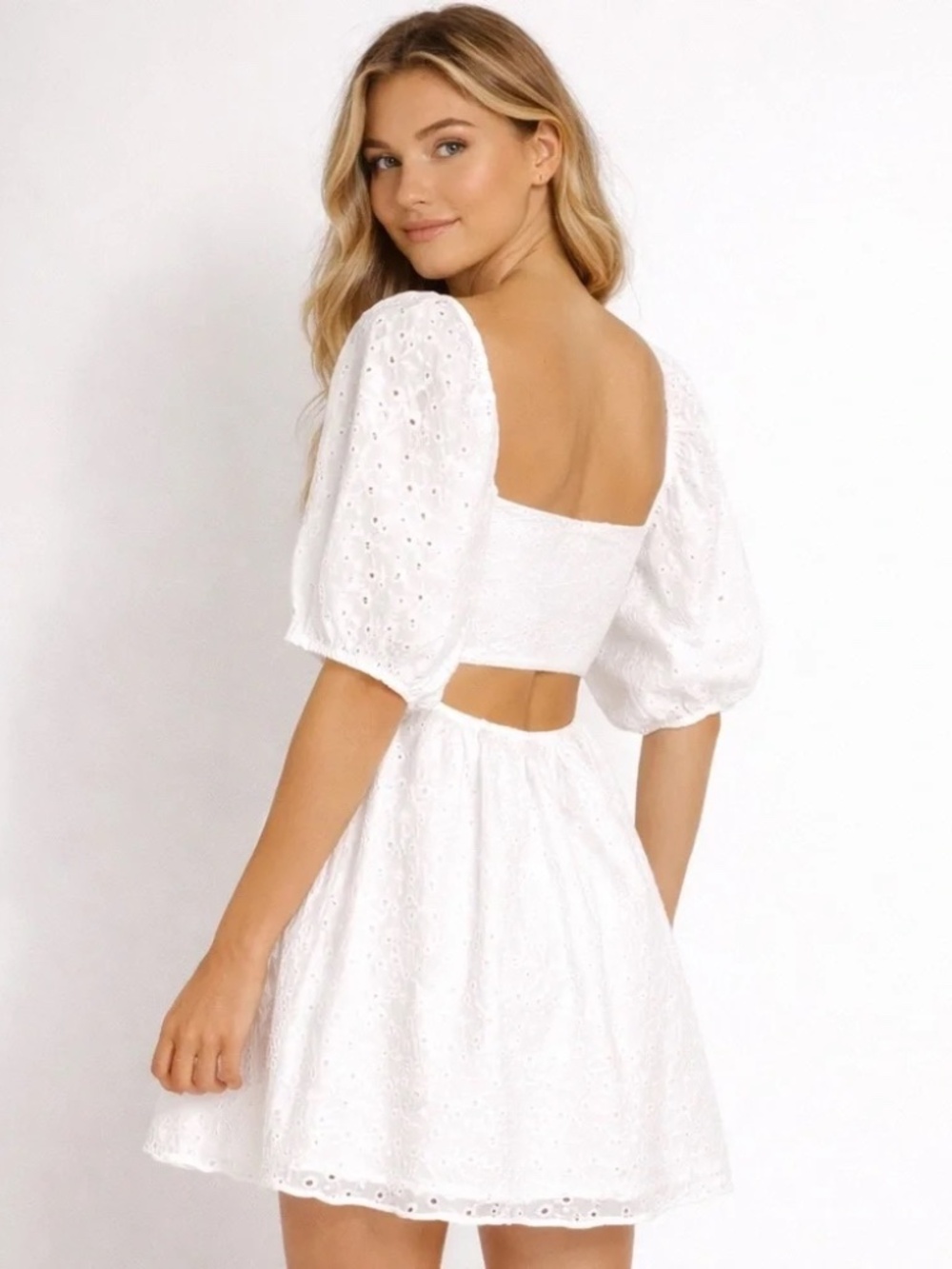 A New Day White Eyelet Puff Sleeve Babydoll Mini Dress - Size M